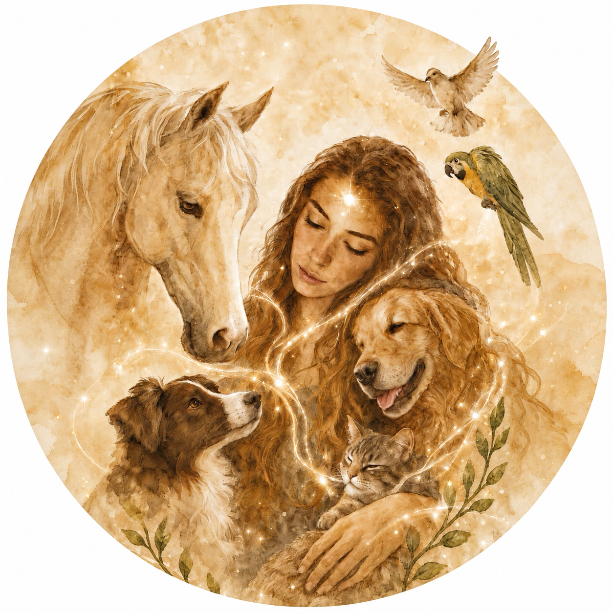 Illustrazione ad acquerello di Lorenza circondata da un cavallo, due cani, un gatto e due uccelli, avvolti da fili di luce dorata